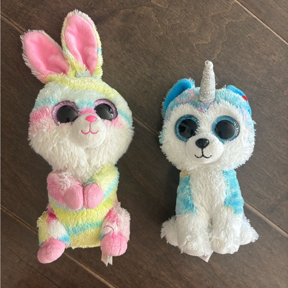 Ty Beanie Boos- Plush Bunny & Unicorn Duo - Rainbow Pastel Plushies